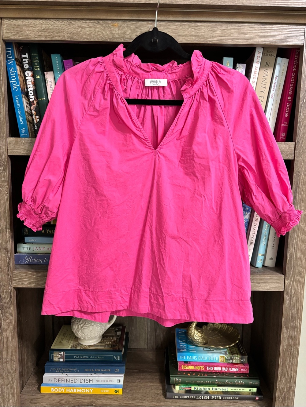 Avara Hot Pink Smocked-Sleeve Cotton Peasant Top, Size M